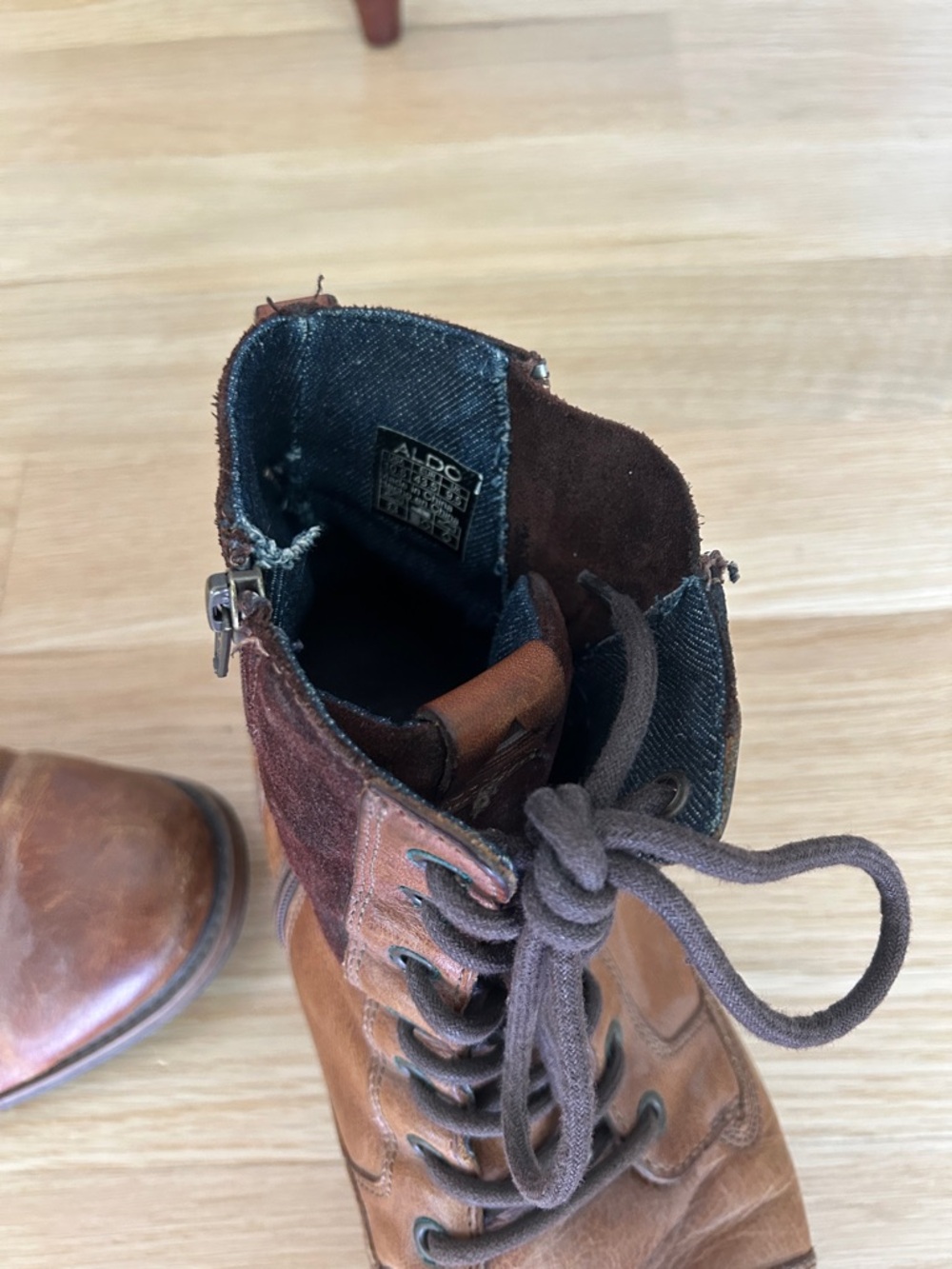 Aldo Brown and Dark Brown Leather Lace-Up Combat Boots - Picture 3 of 4
